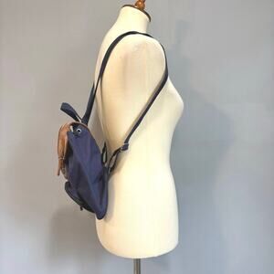 Vintage Small Mini Navy Canvas Backpack with Brown Faux Leather Buckle Flap